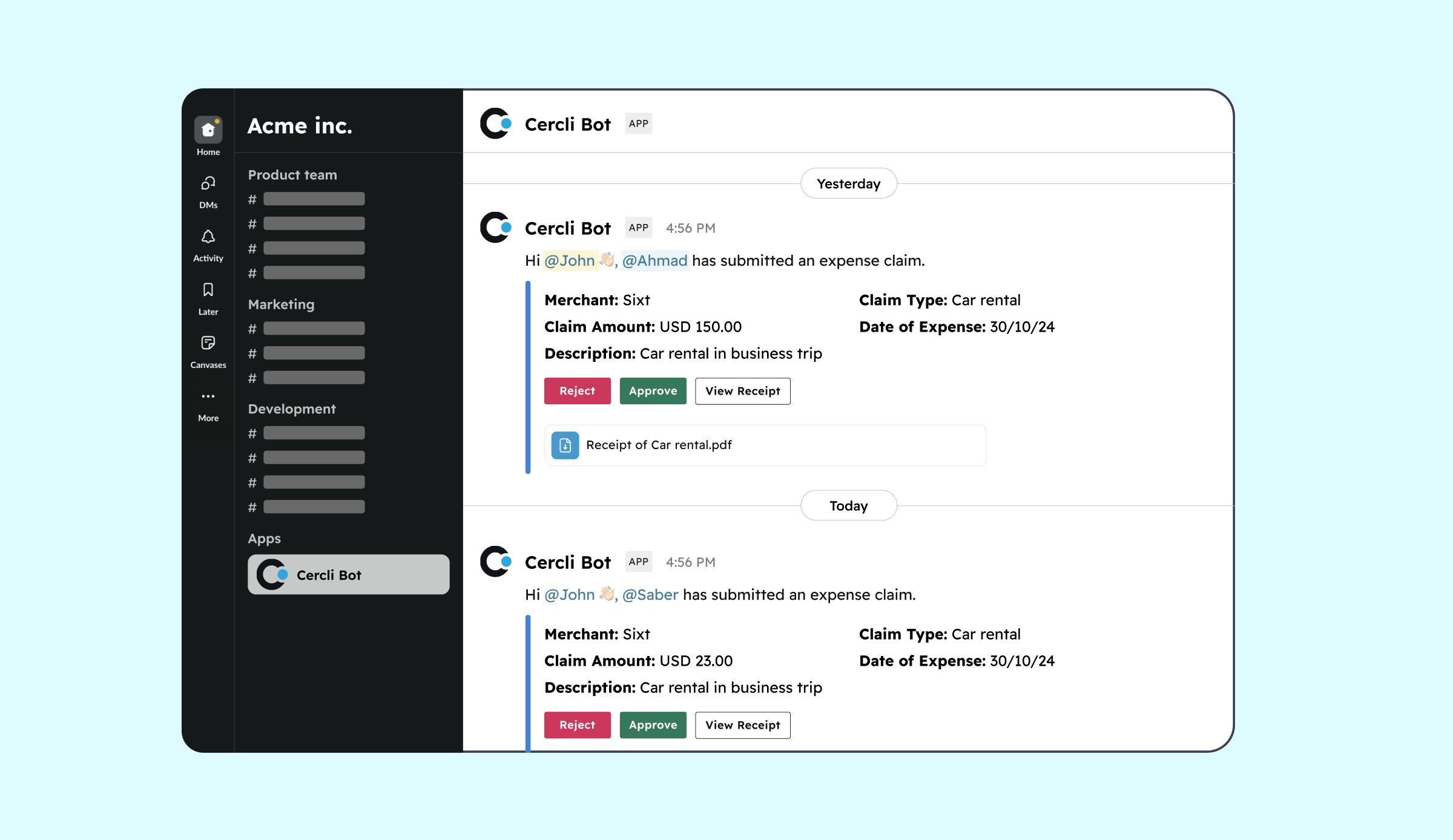 Time off and expenses managed through slack
