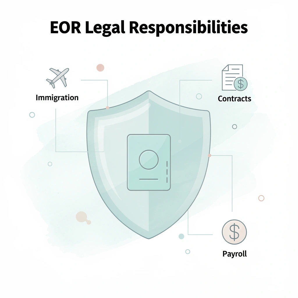 Shield showing EOR legal responsibilities, including sponsorship, immigration, contracts, and payroll