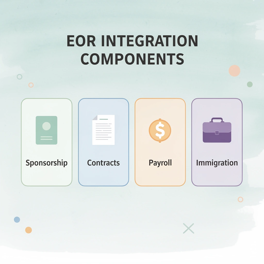Four key EOR integration components: sponsorship, contracts, payroll, and immigration